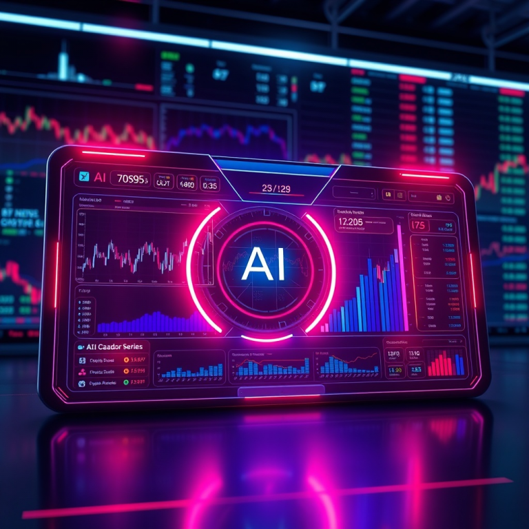 Interfaz futurista de Innova AI Cazador con inteligencia artificial y análisis cuantitativo para trading avanzado.
