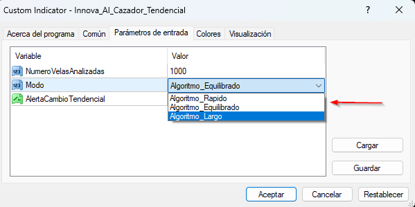 Opciones de configuración del indicador Innova AI Cazador Tendencial en MetaTrader o TradingView