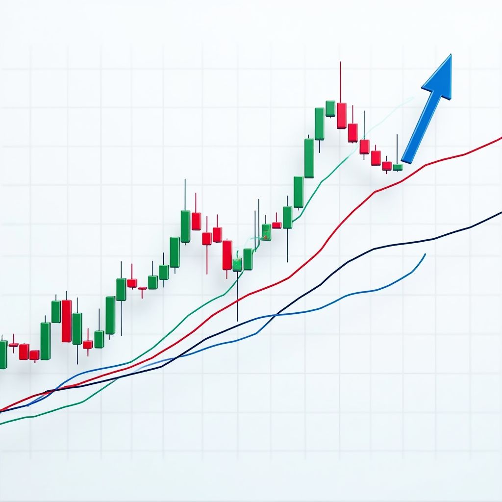 Ejemplo visual de tendencias alcistas, bajistas y laterales con un indicador de tendencia aplicado en un gráfico de trading.