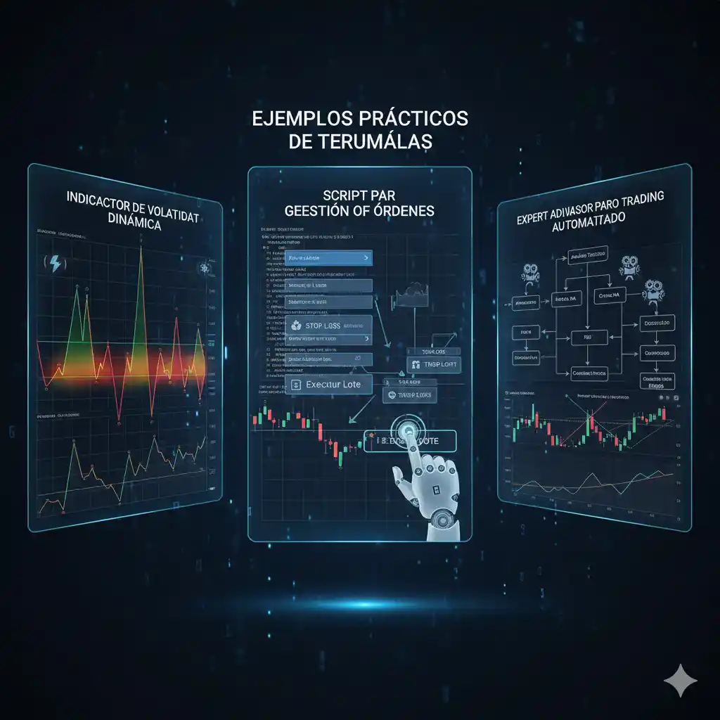 Ejemplos de herramientas MT4 personalizadas: indicador de volatilidad, script de gestión de órdenes y EA automatizado.