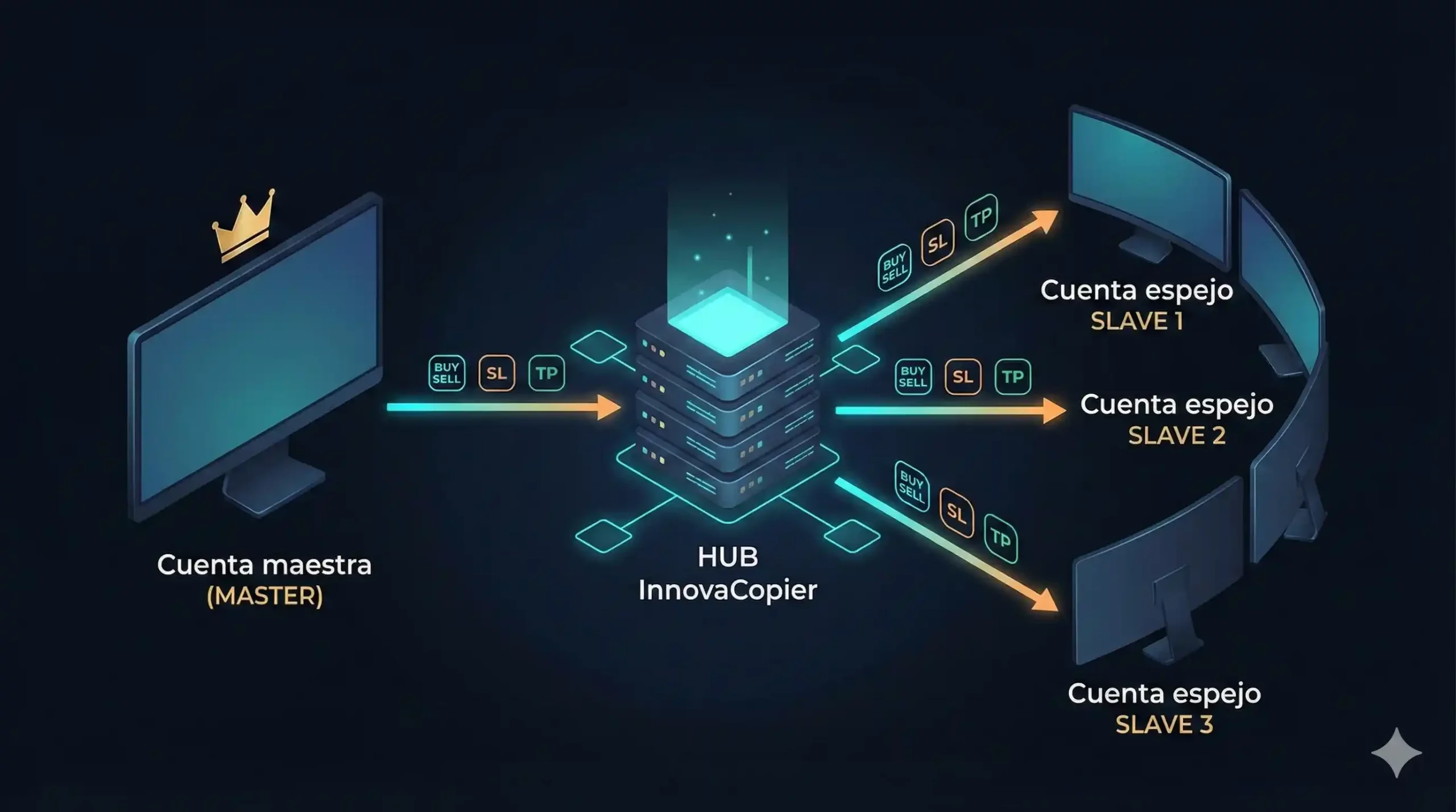 Esquema de InnovaCopier con cuenta maestra, HUB central y varias cuentas espejo en MetaTrader 4 y 5