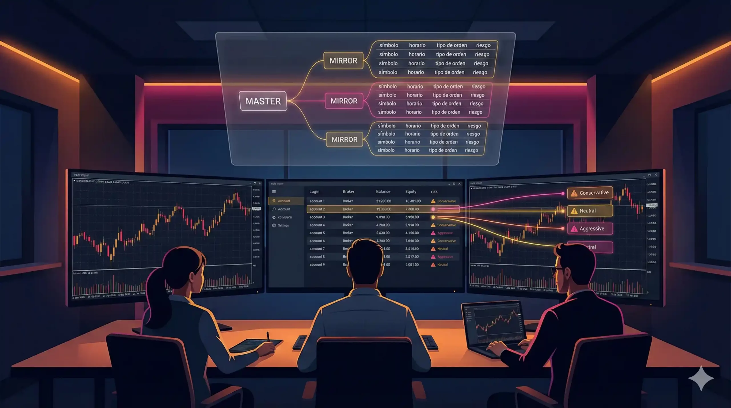 Equipo de traders y desarrolladores diseñando una versión a medida de InnovaCopier para copiar operaciones entre cuentas MT4 y MT5 con perfiles de riesgo personalizados