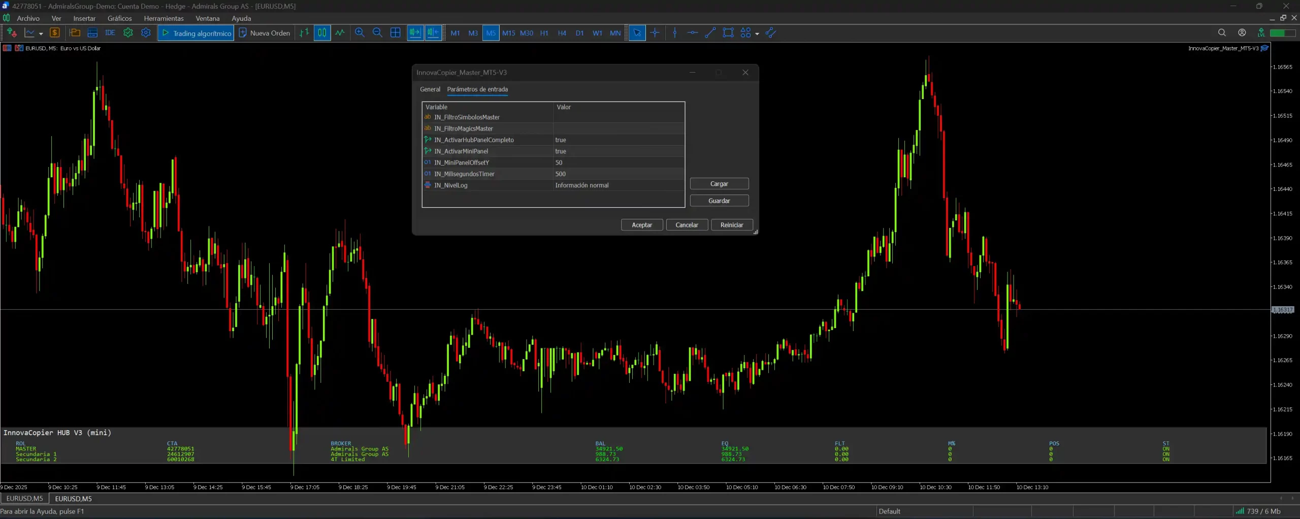 Cuenta maestra en MetaTrader 5 con InnovaCopier Master y parámetros de copia configurados