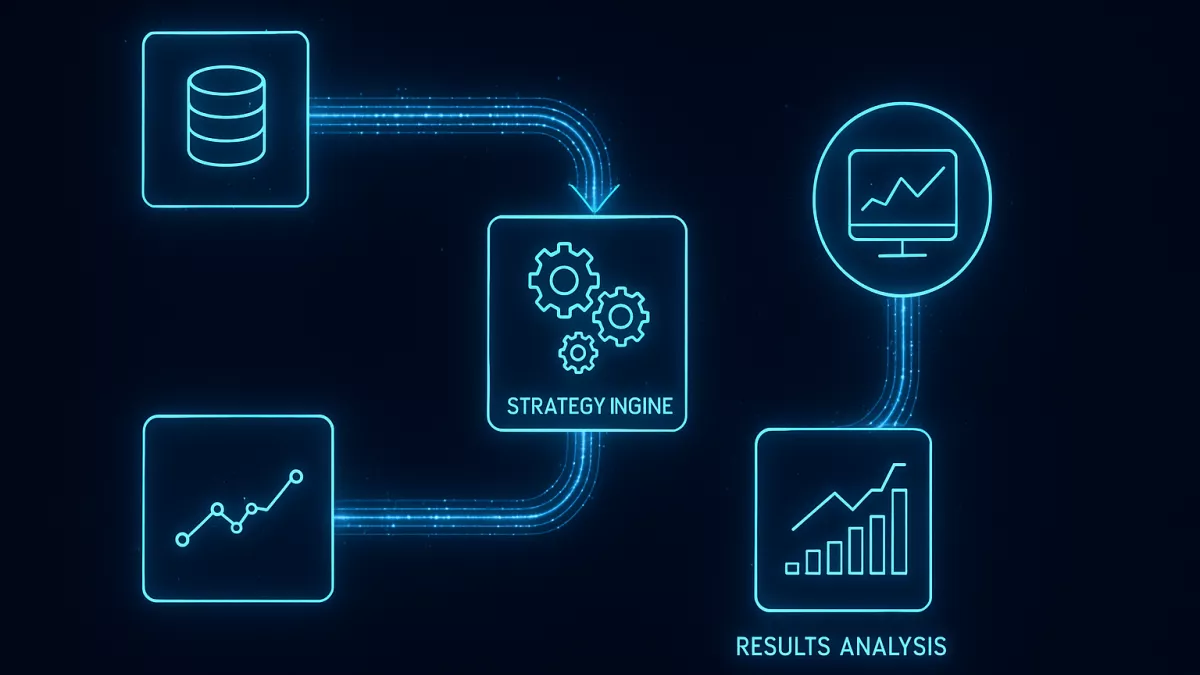 Diagrama de flujo del proceso de backtesting mostrando datos históricos simulación y análisis de resultados