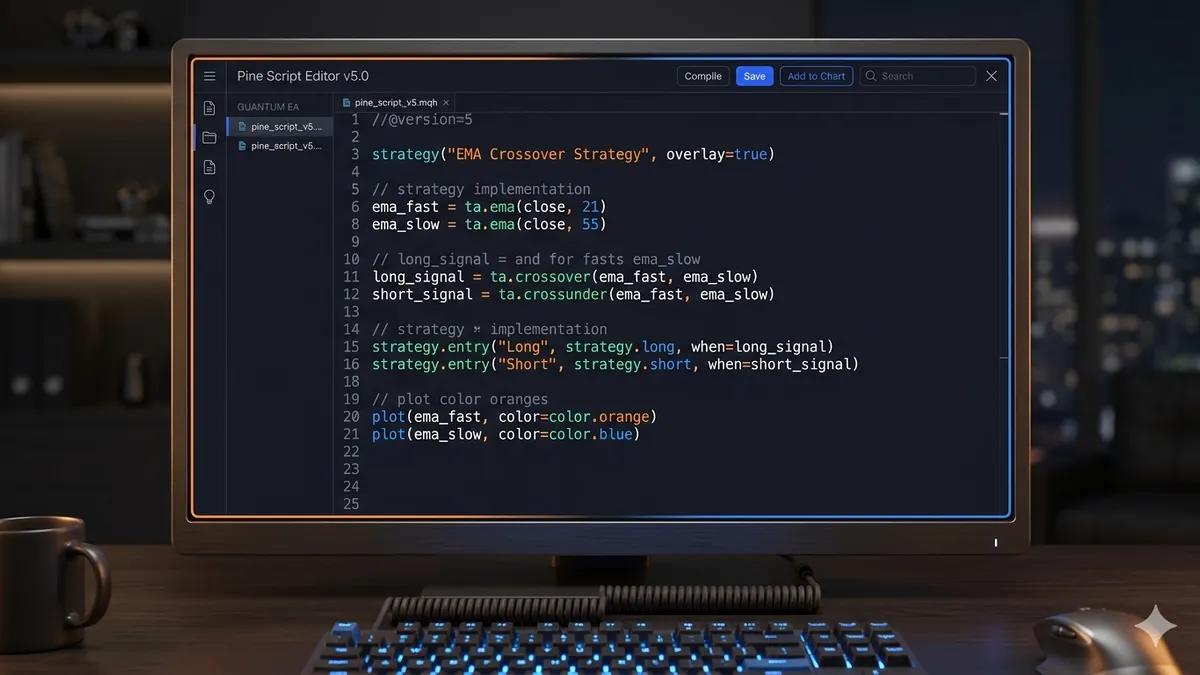 Editor de Pine Script en TradingView con código de estrategia y syntax highlighting