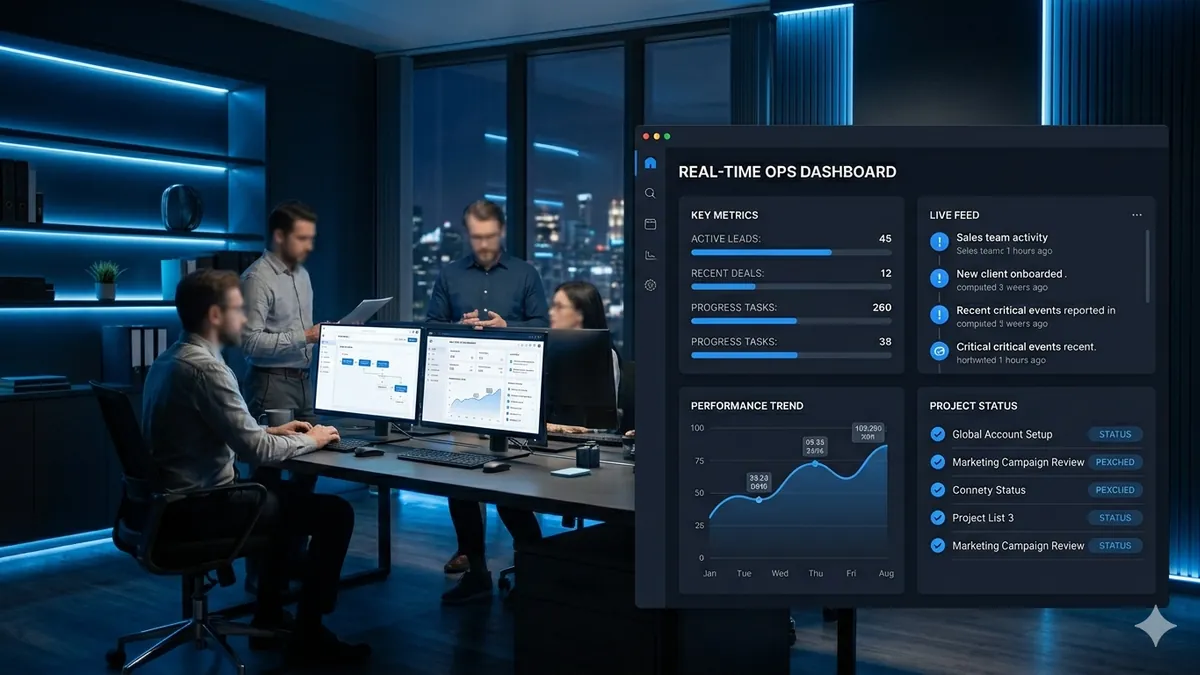 Equipo de empresa trabajando con un software CRM a medida en pantallas mostrando dashboards personalizados