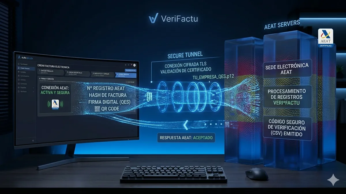 Visualización de la conexión segura entre software de empresa y servidores de la AEAT para facturación electrónica