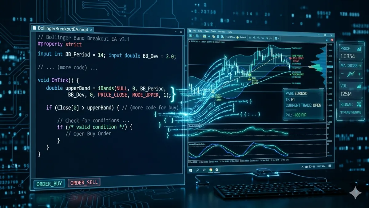 Código MQL4 de un Expert Advisor y el indicador ejecutándose en MetaTrader 4