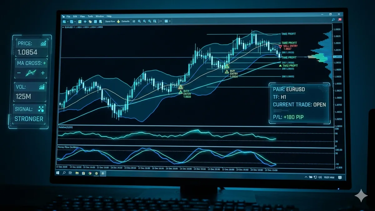 MetaTrader 4 con indicadores personalizados señales de compra y venta y osciladores avanzados