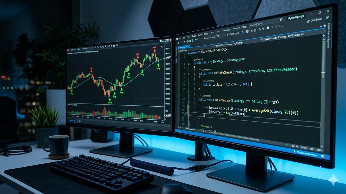 Código NinjaScript en C# para estrategia automatizada con NinjaTrader 8 mostrando señales en gráfico