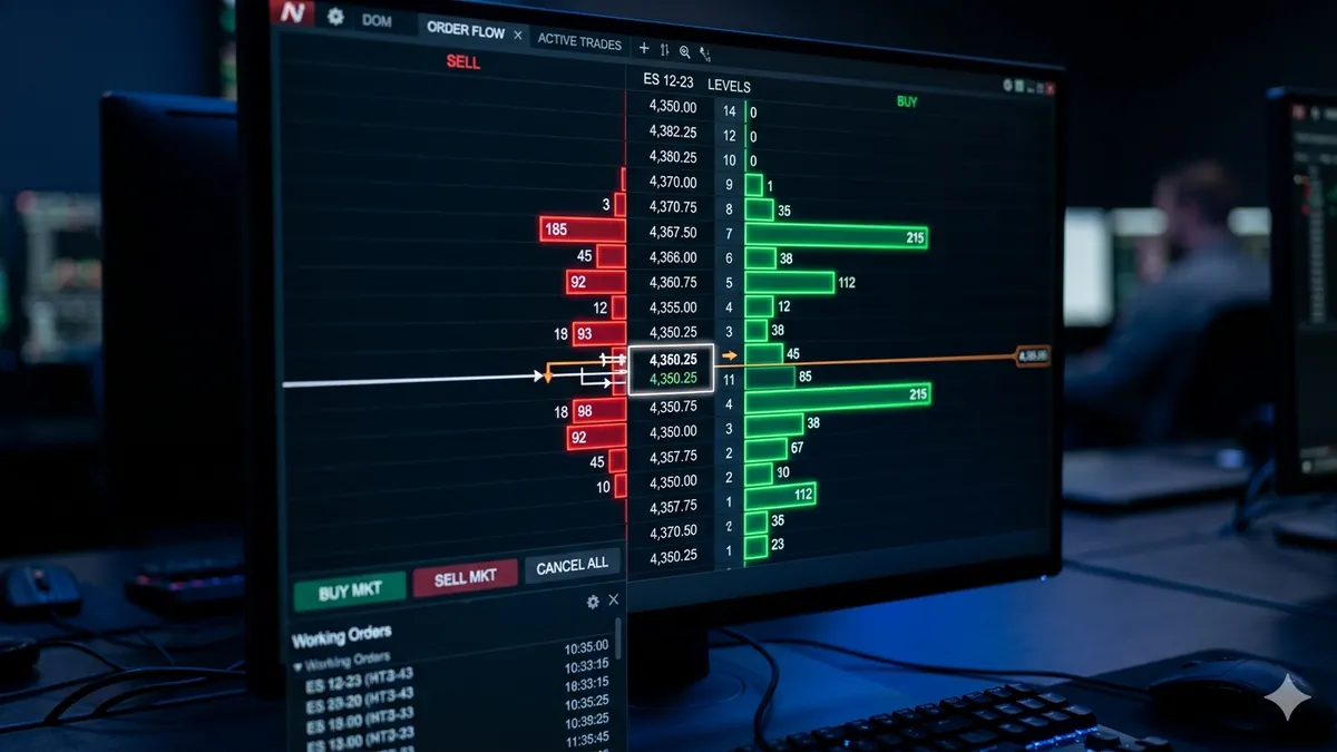 NinjaTrader 8 mostrando DOM ladder con order flow volumen por precio y profundidad de mercado para futuros