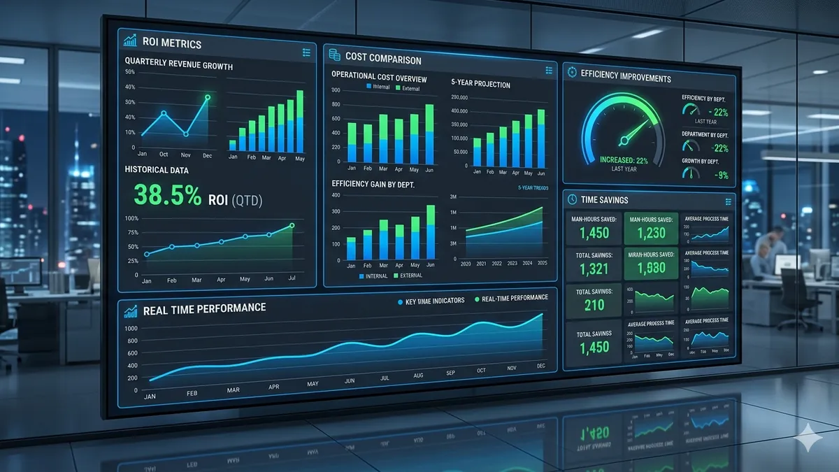 Dashboard de análisis de ROI mostrando métricas de coste eficiencia y ahorro de tiempo del software personalizado