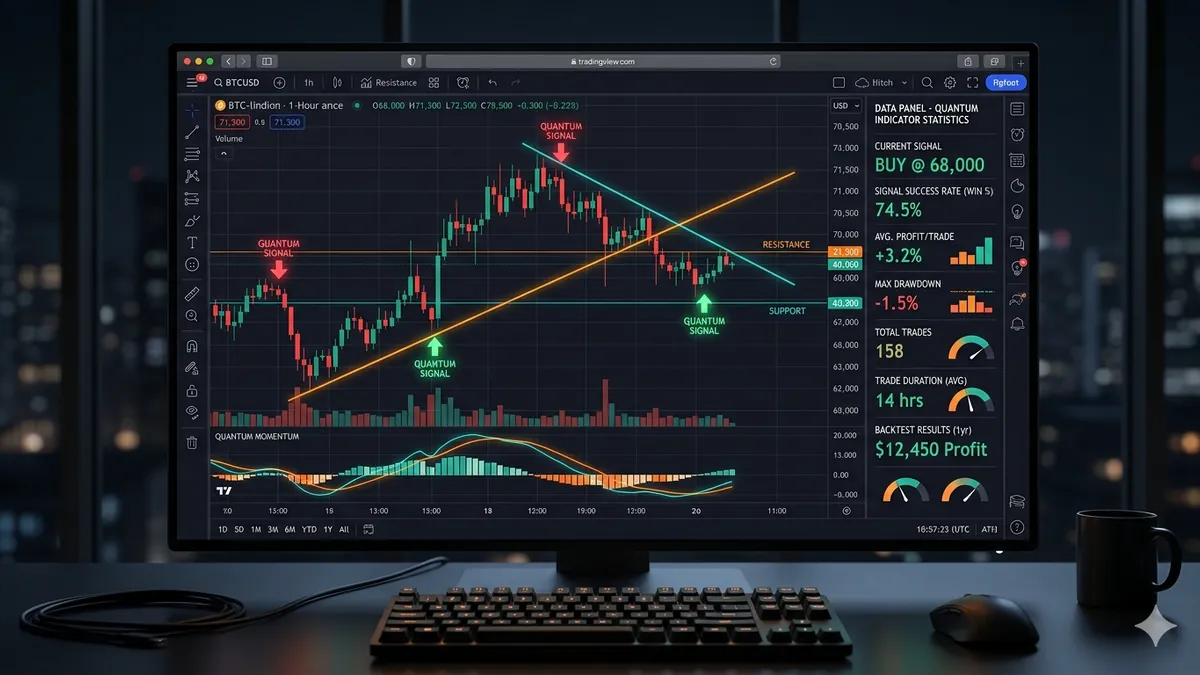 Gráfico de TradingView con indicador personalizado mostrando señales de compra y venta con estadísticas