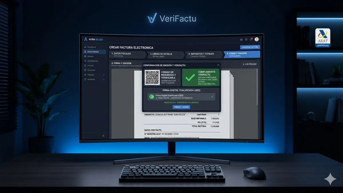 Interfaz de software de facturación electrónica con indicadores de cumplimiento VeriFactu QR y firma digital