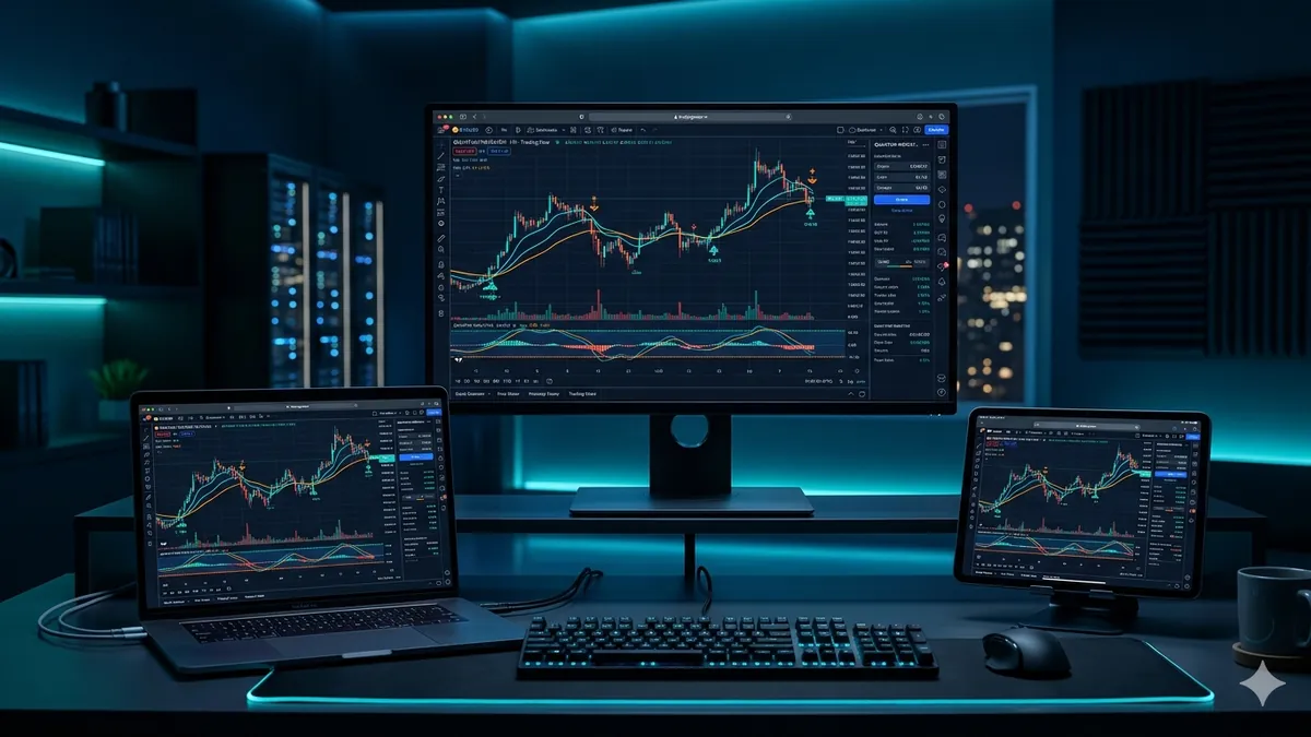 TradingView con indicador personalizado visible en escritorio portátil y tablet mostrando trading multidispositivo