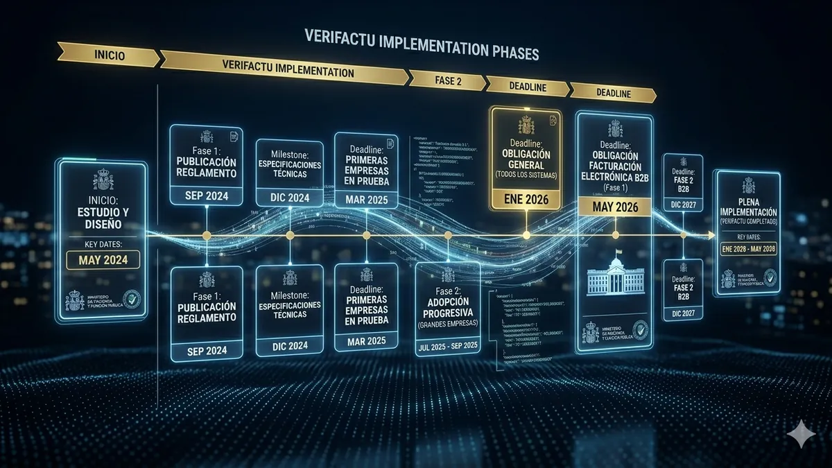 Timeline de implementación de VeriFactu en España con fechas clave y plazos de cumplimiento